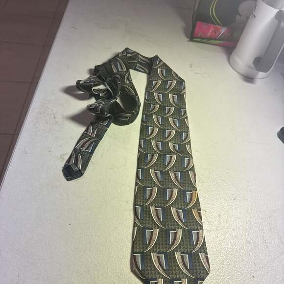 Vintage Textured Geometric Pattern Necktie - Green, Blue, Brown - Picture 2 of 6